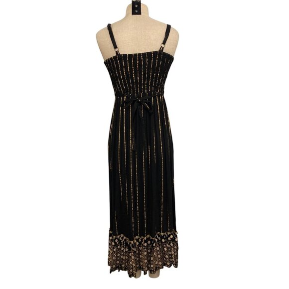 Ananta Black & Gold Striped Midi Dress With Floral Embellishments S/M - Picture 7 of 11